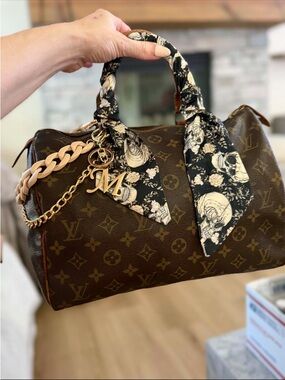 Louis Vuitton Brown Monogram Satchel with Black & Cream Scarf and Gold Chain